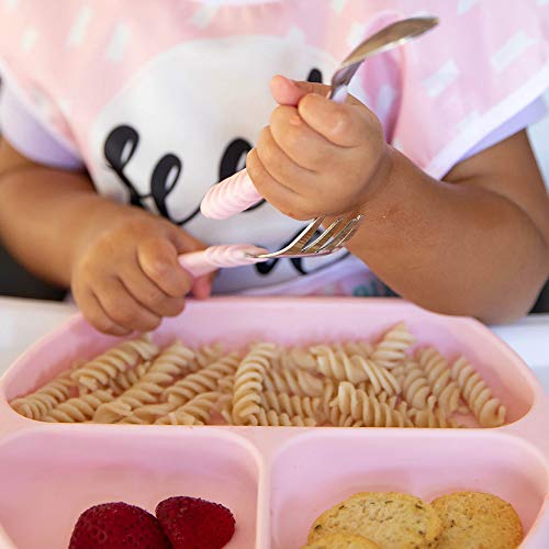 Bumkins Silicone and Stainless Steel Baby Utensils: Safe, Bacteria Resistant, and Self-Feeding Toddler Silverware Set in Pretty Pink