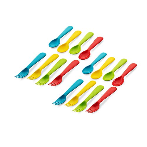 Plaskidy Plastic Toddler Utensils Set 8 Kids Forks and 8 Kids Spoons