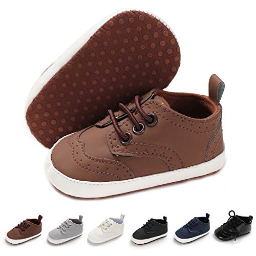 Fashionable Brown PU Leather Moccasin Crib Shoes for 12-18 Month Old Boys and Girls.