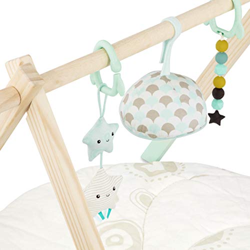 Baby's Playtime with B. toys Wooden Baby Play Gym - 3 Sensory Toys and Organic Cotton Mat for Joyful Play & Naps