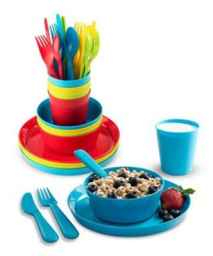 Plaskidy Kids Dinnerware Set for 4-24 Piece Plastic Childrens