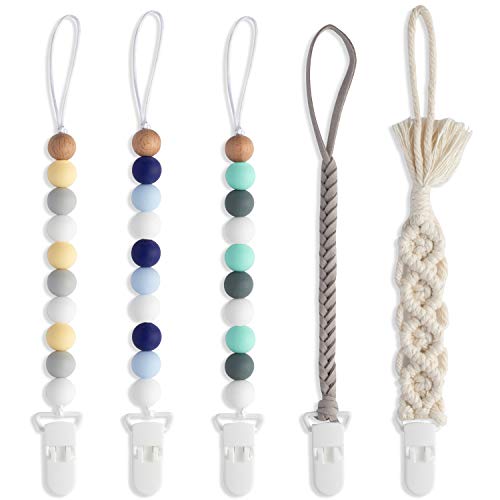 Stylish and Organized: 5 Pcs Silicone Pacifier Clip Set with Teething Beads