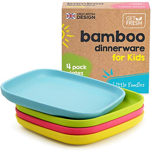 Bamboo Kids Plates, 4 Pack Set, Stackable Bamboo Dinnerware for Kids