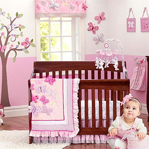Brandream Pink Butterfly Floral Crib Bedding Sets for Girls