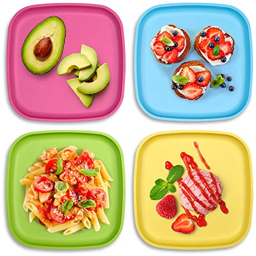 Bamboo Kids Plates, 4 Pack Set, Stackable Bamboo Dinnerware for Kids