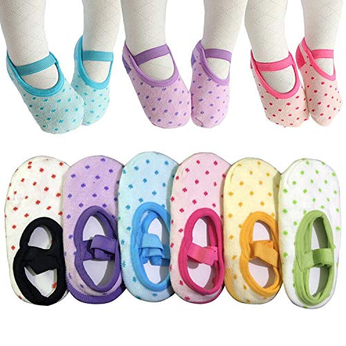 6-Pack Anti-Slip Mary Jane Socks for Toddler Girls: No-Skid Ballet Socks with Strap (12-30 Months).