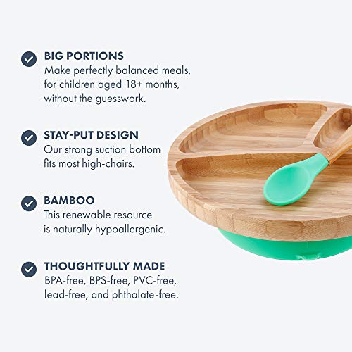 Bamboo Suction Toddler Plate and Spoon Set for Baby Led Weaning - BPA-Free, Silicone Spoon, Stay Put Plate - Perfect for Healthy Self-Feeding