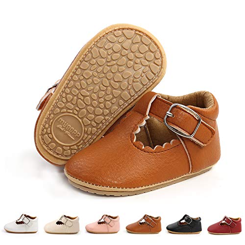 BEBARFER Mary Jane Flats for Toddler Girls: Anti-Slip Sole White Dress Shoes (L/Brown, 0-6 Months).