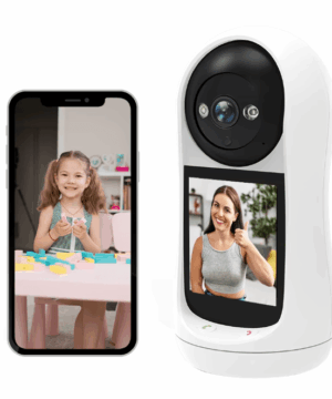 3MP PTZ WiFi baby monitor with 2.8-inch screen, cry detection, two-way audio, and motion alert features in a modern nursery setup.
