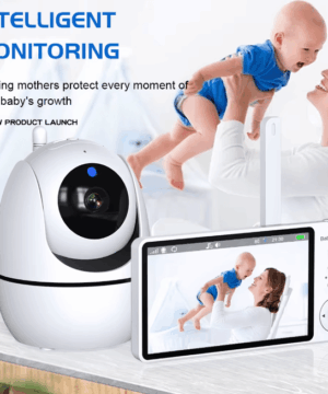 5-inch HD video baby monitor with night vision and pan-tilt camera showing room surveillance, temperature sensor, and real-time cry detection.