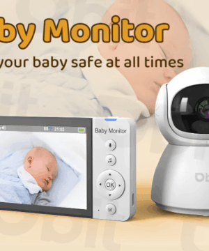 5-inch baby monitor with HD IPS display, night vision, and two-way audio showing full room coverage and secure wireless connection.
