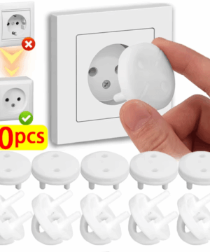 White ABS baby safety socket cover with an easy pull handle, designed for French power outlets to protect children from electric shock