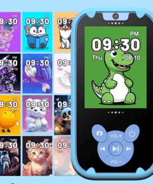 Kids Smart Phone Educational Toy with dual cameras, music player, and colorful design for children aged 3-12, promoting learning through play.