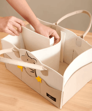 Sunveno Baby Diaper Caddy Organizer featuring a cute bear design, perfect for storing diapers and nursery essentials.