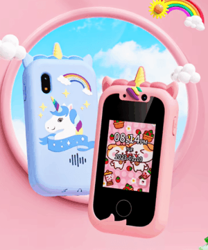 Colorful unicorn-themed kids smartphone camera toy featuring dual HD cameras and MP3 player for educational fun